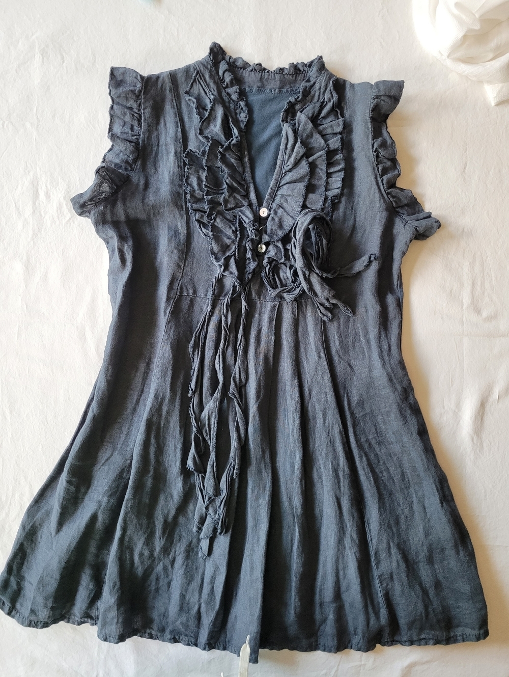 Womens 100% Lino Slate Ruffle Tie-Front Sleeveless Dress  Size L